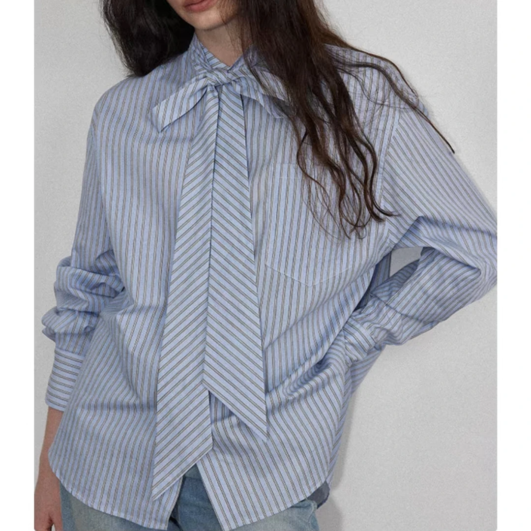 复古文艺蓝色条纹蝴蝶结系带长袖衬衫女法式宽松慵懒叠穿衬衣外套