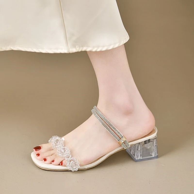 G两穿水钻凉拖鞋女夏季外穿仙女风水晶鞋一字带粗跟露趾凉鞋一字