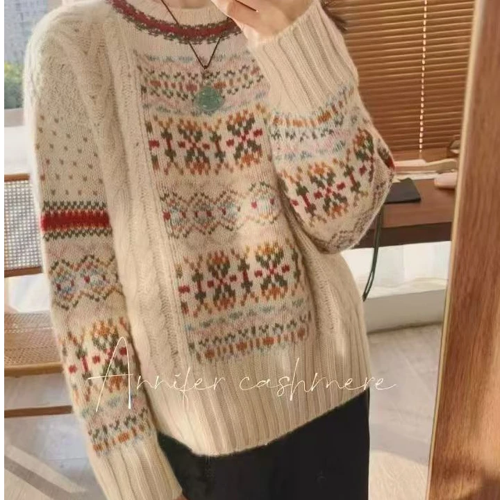 100%纯山羊绒圆领加厚套头衫重磅电脑提花高端女士针织衫