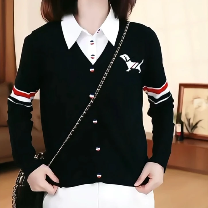 法式假两件针织衫上衣女春秋新款百搭设计感撞色简约百搭羊毛毛衣