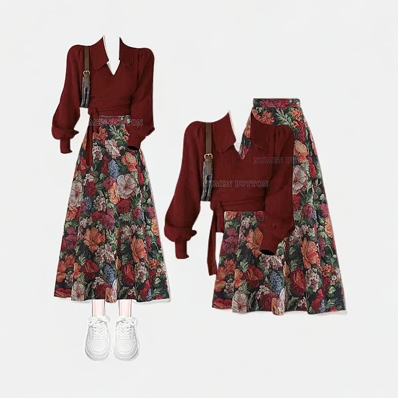 秋季胖mm大码女漂亮时尚裙子显瘦红色毛衣碎花半身裙气质两件套