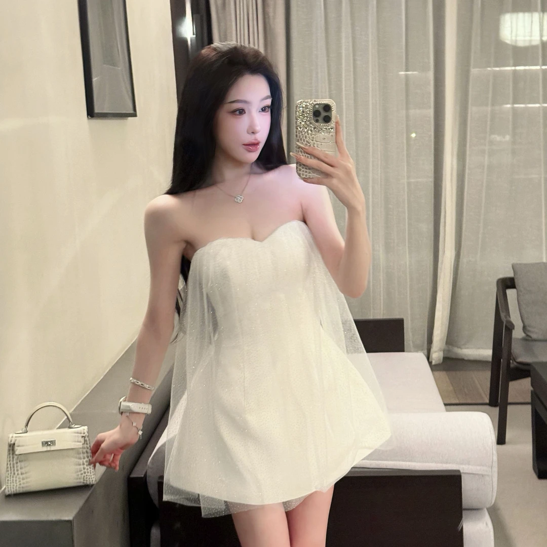 【热恋岛屿】纯欲抹胸白色网纱拼接A字拼接收腰连衣裙公主裙