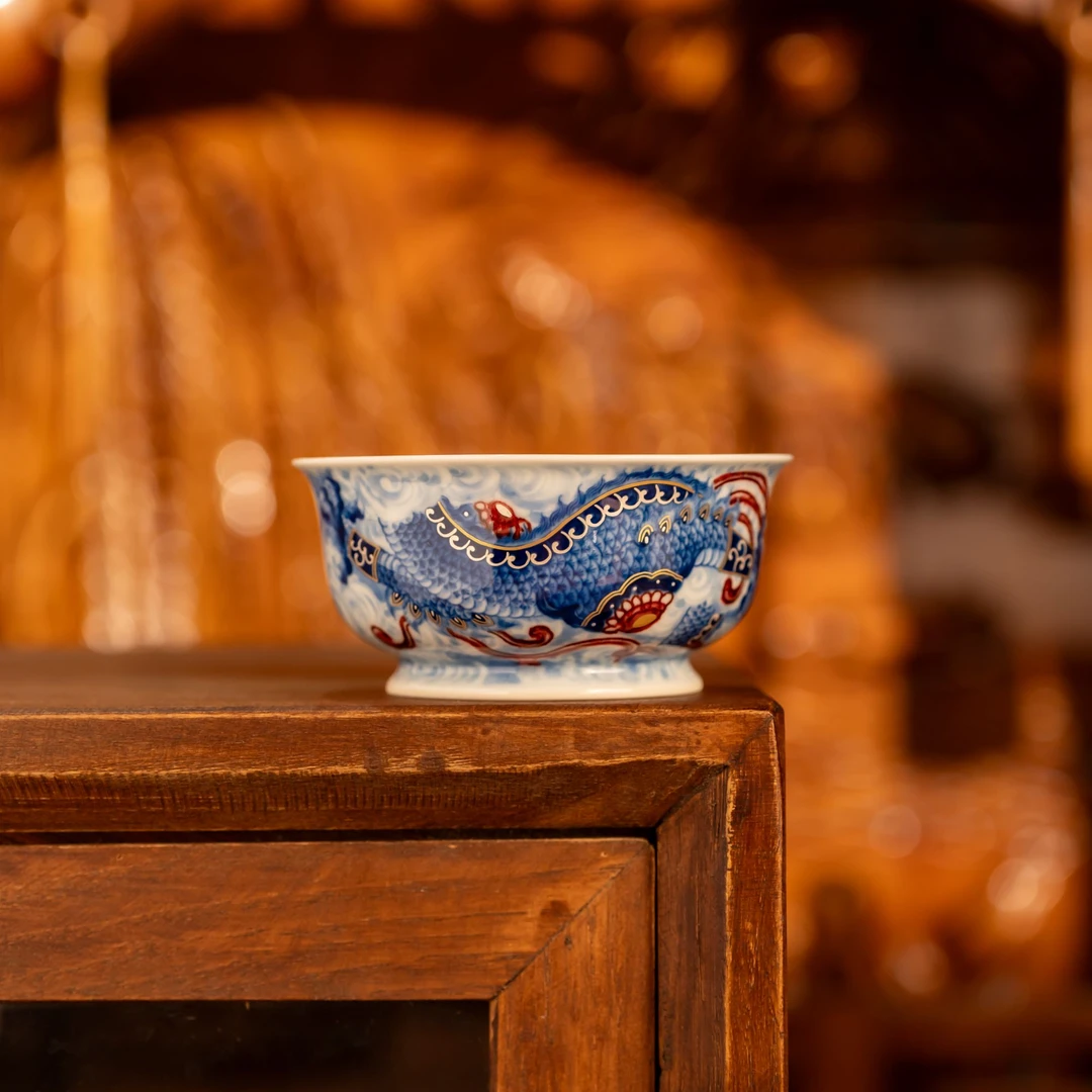 【永明尚玩】铠甲龙撇口杯釉里红纯手工景德镇茶器主人杯泡茶