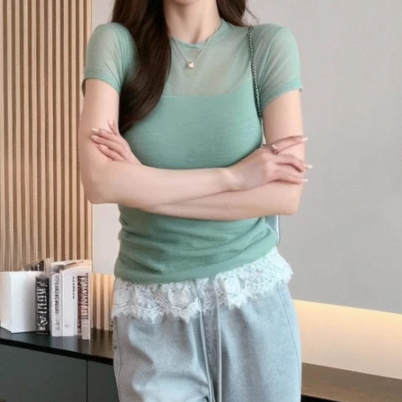 欧若风时尚百搭洋气微透上衣减龄短袖针织衫LK2502392