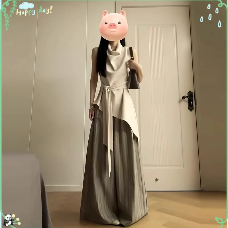 洋气2025超火夏装一整套系带收腰气质无袖上衣高腰休闲阔腿裤两件