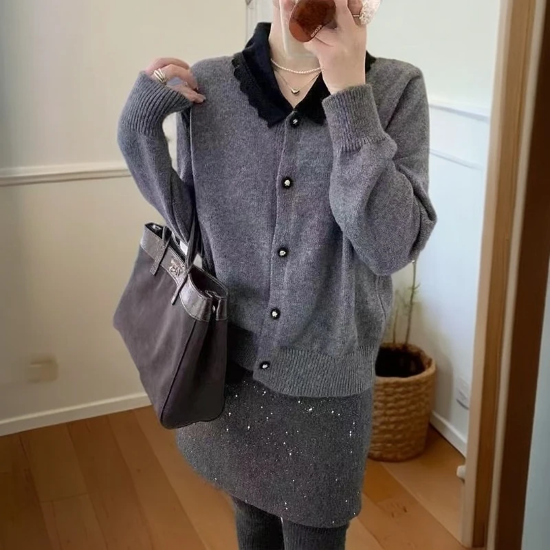 【段公子甄选】新款蕾丝翻领拼接撞色宽松显瘦针织开衫毛衣女