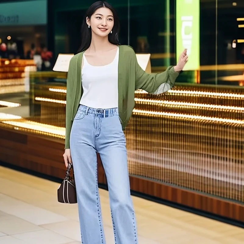 日本优衣蓝色欧若风女装直筒牛仔裤显瘦显年轻牛仔裤子2025新款
