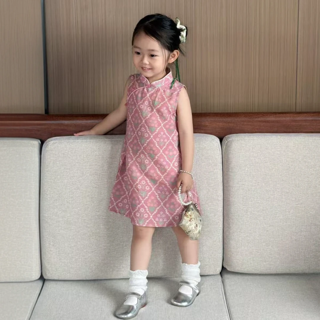 小惜亦夏季韩版童装女童新中式国风旗袍裙粉色连衣裙无袖背心裙