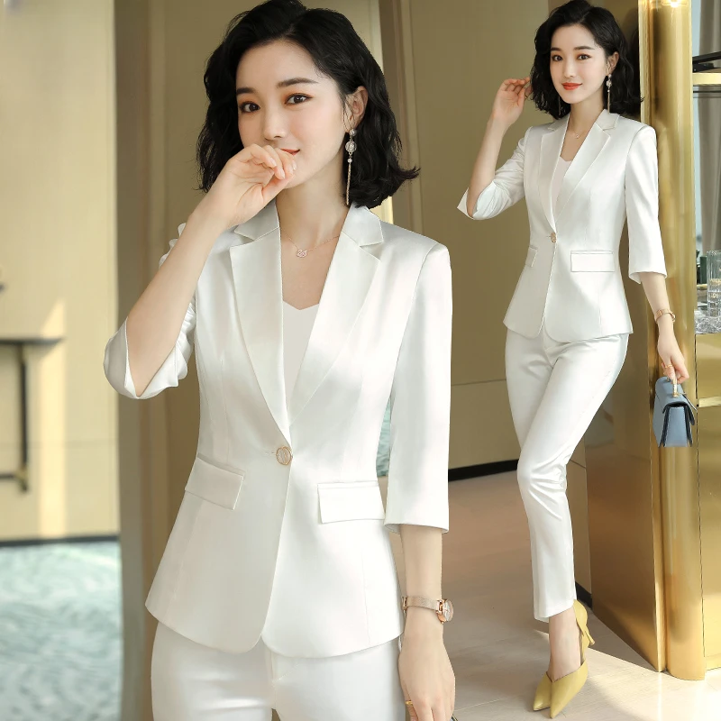 西装套装女2025年夏季薄款糖果色白色西服女七分袖工作服西装外套