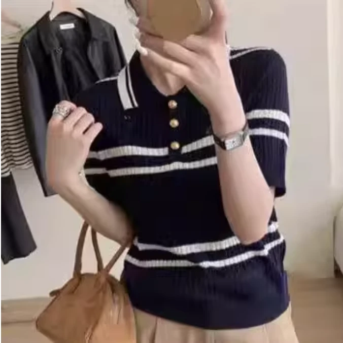 【三粒扣高货】欧货法式条纹时尚百搭领针织衫短袖恤修身显瘦薄款