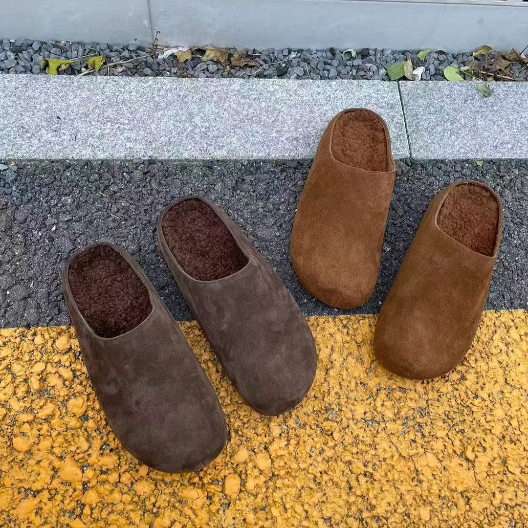 真牛皮~巨好看勃肯包头半拖鞋女外穿保暖棉拖鞋舒适一脚蹬懒人鞋