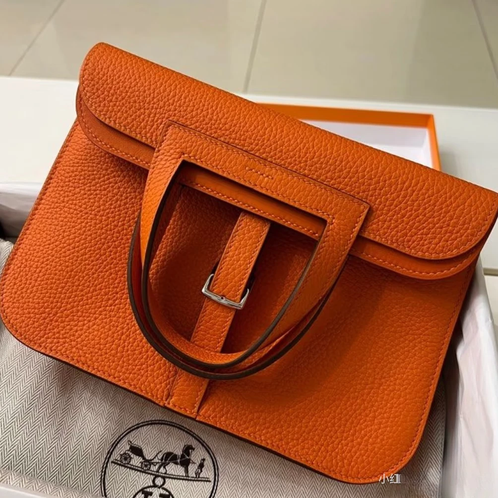 99新 Hermes/爱马仕 halzan哈喇子橘色银扣tc皮T单肩包9480071