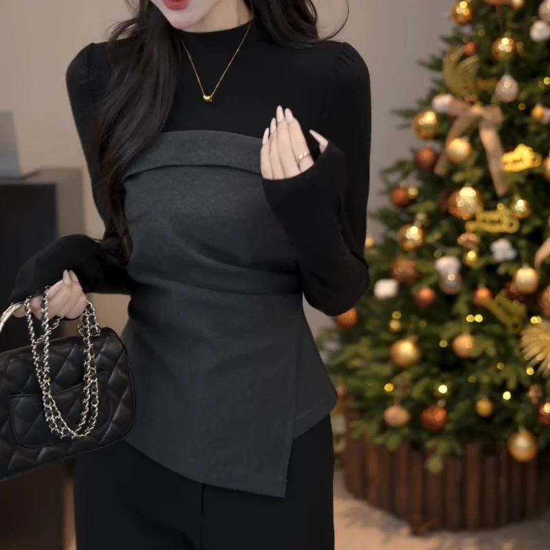 【童话王国】轻奢风不规则拼接收腰假两件T恤LK2509347