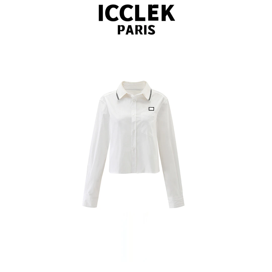 ICCLEK 白色翻领长袖薄款减龄显瘦百搭气质时尚上衣-5860