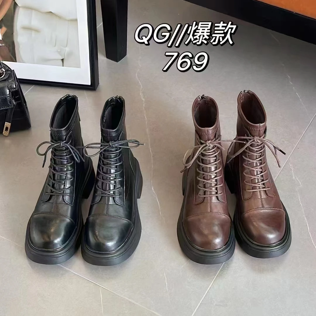 一L秋冬新款韩版通勤瘦瘦简约粗跟裸靴短靴769(不加绒)