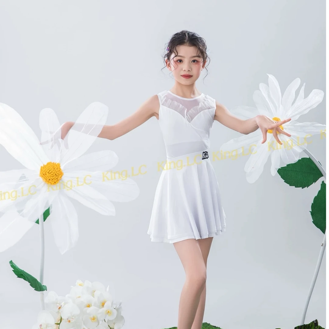 乐雅池鹏翼之美拉丁舞服春夏款练功服白色无鱼骨套装无袖蕾丝6B27