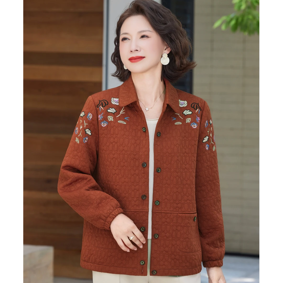 中老年女装春秋长袖外套中年女装休闲夹克短外套短款翻领妈妈外套