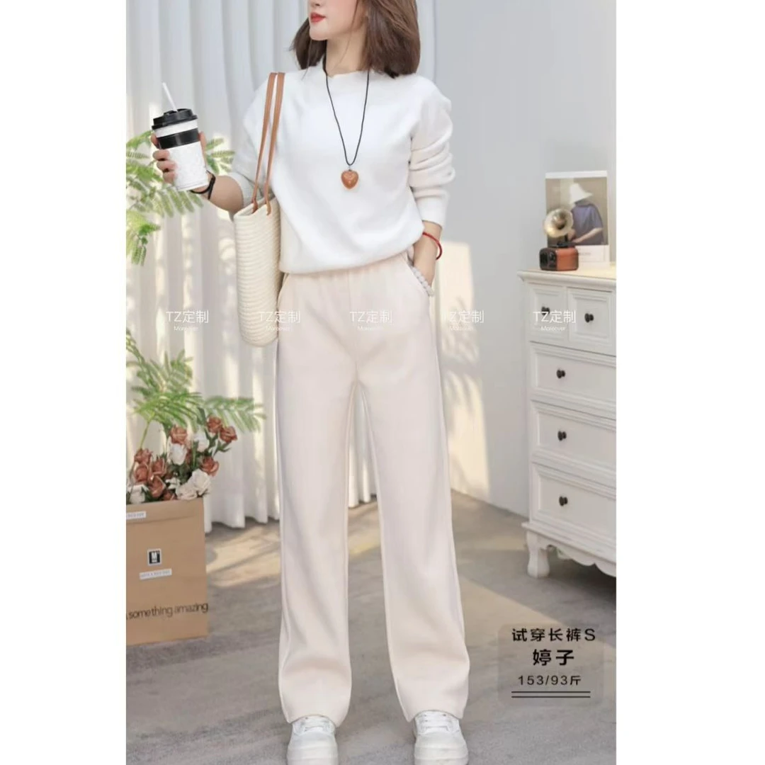 秋冬款直筒阔腿休闲裤加绒加厚修身显瘦气质轻奢