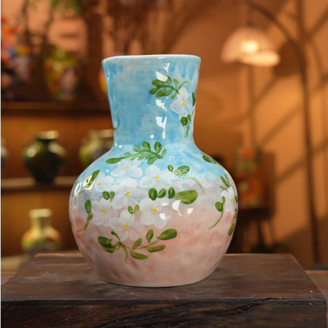 景德镇艺术感插花装饰陶瓷立体设计师款蓝粉渐变桃花大号天球067