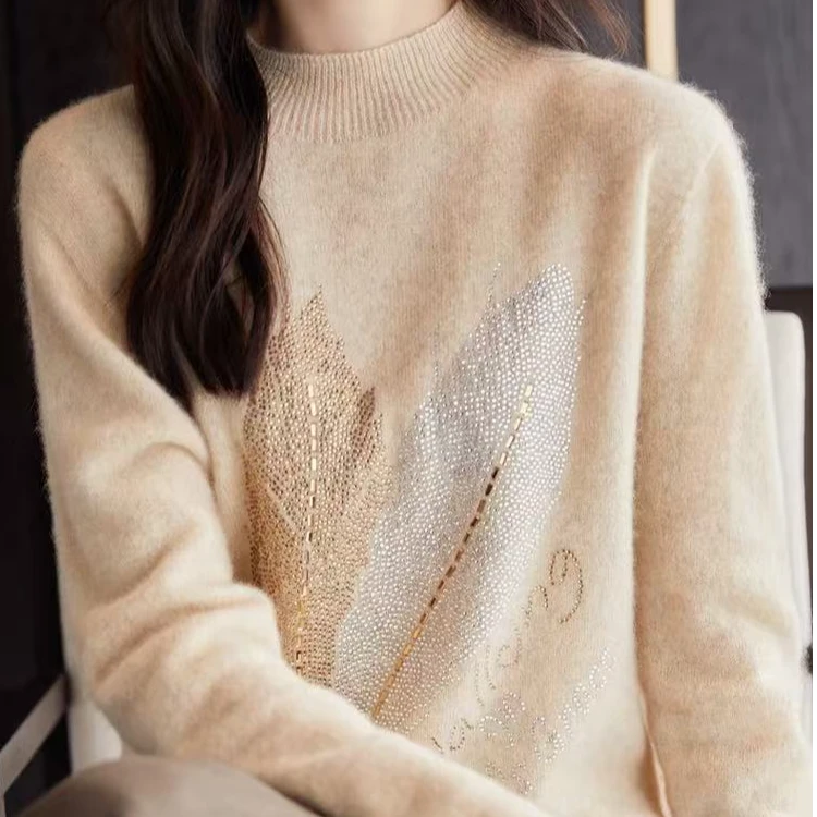 100纯羊毛一线成衣树叶烫钻半高D303