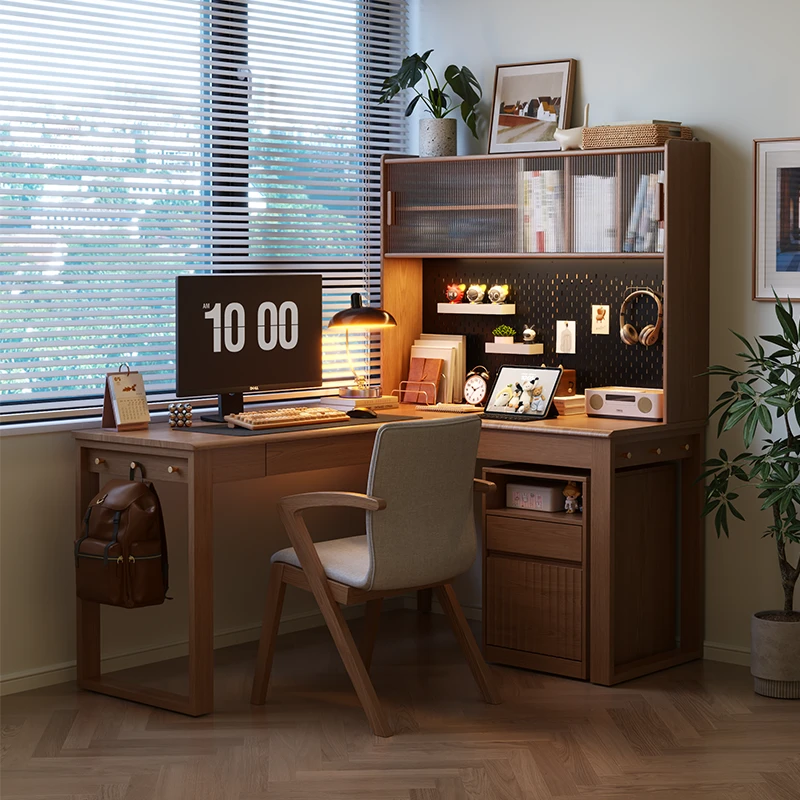 木屋记实木转角电脑桌书桌书柜一体组合卧室写字台学习桌拐角桌