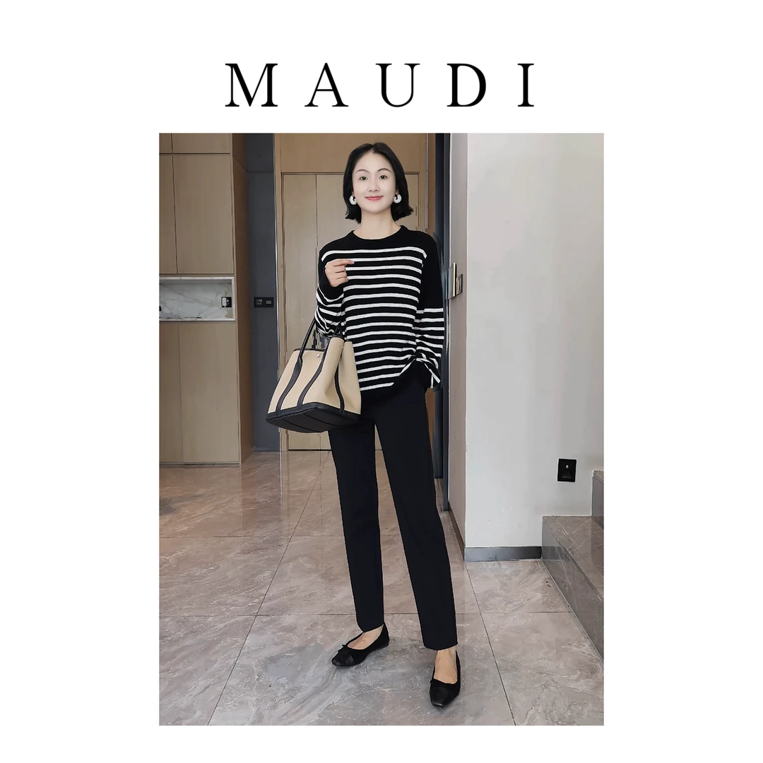 MAUDI条纹魅力秋冬新款黑白条纹羊毛针织衫女宽松高级慵懒感8201