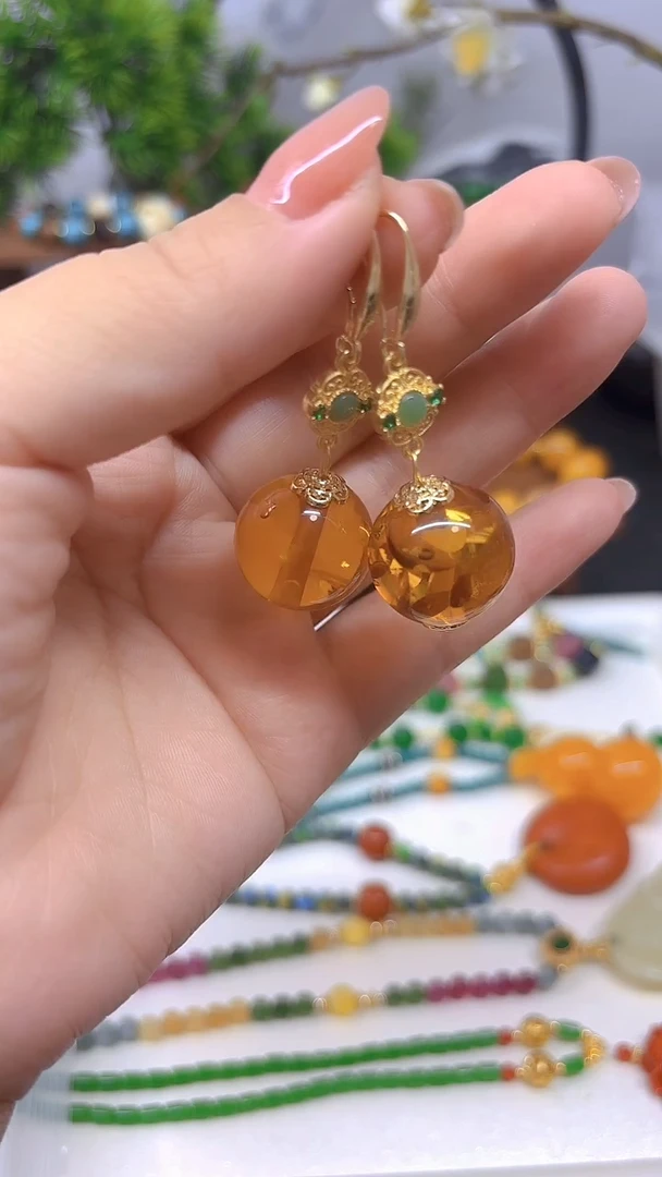 琥珀（花珀）14K金镶嵌耳饰E895