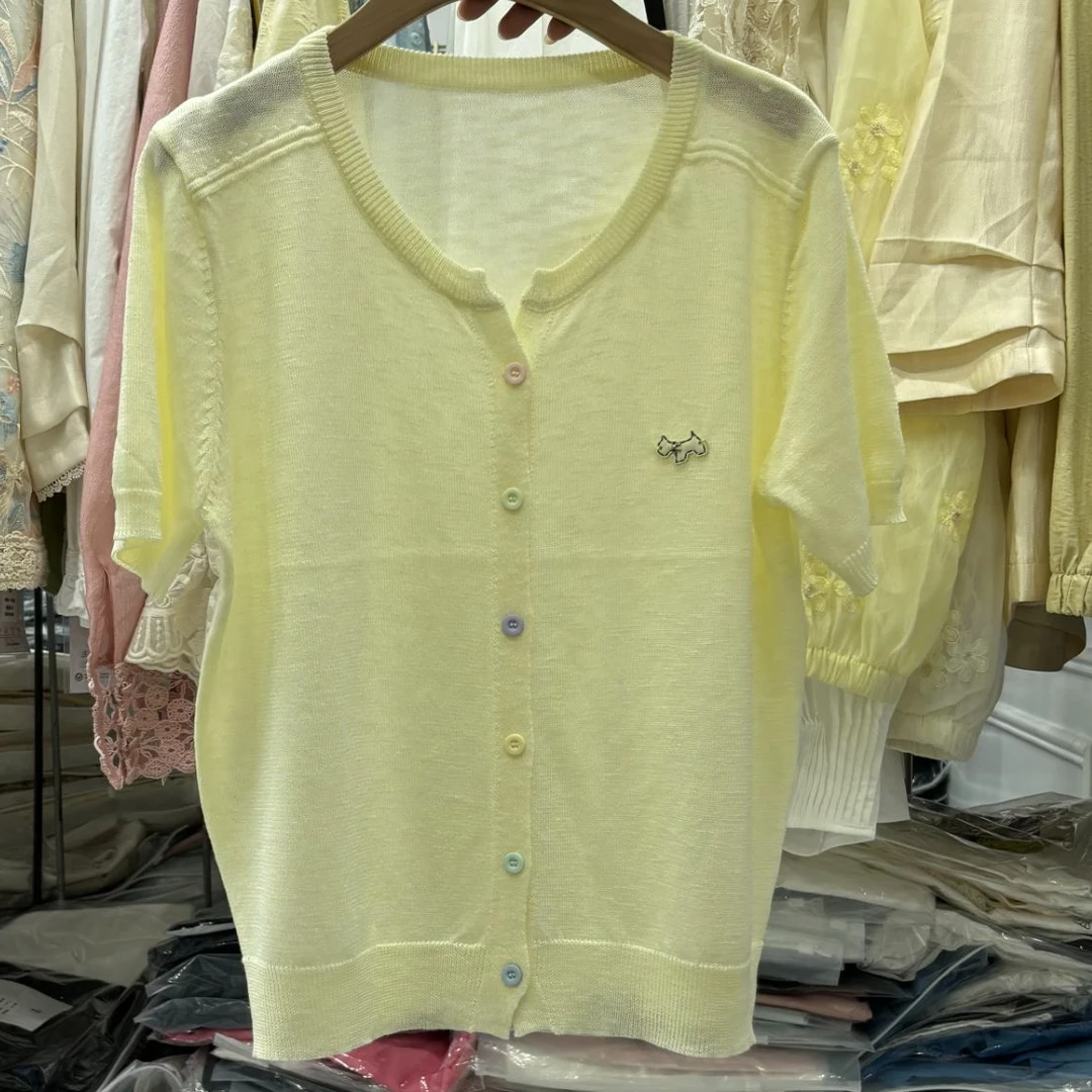 夏季短袖女圆领刺绣毛针织衫彩扣蝴蝶小狗休闲春夏时尚针织衫