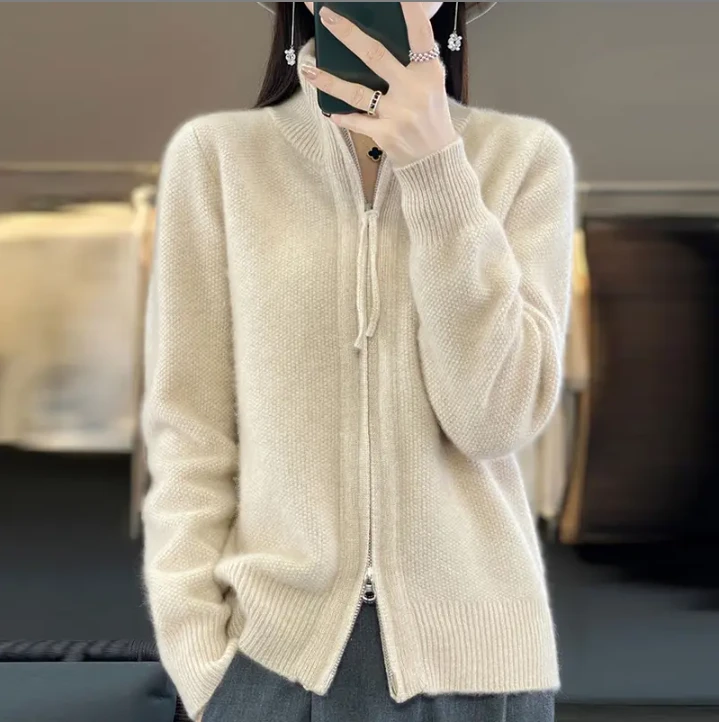 100%纯羊绒衫女士纯色毛衣立领秋冬双向拉链羊毛开衫时尚百搭外套