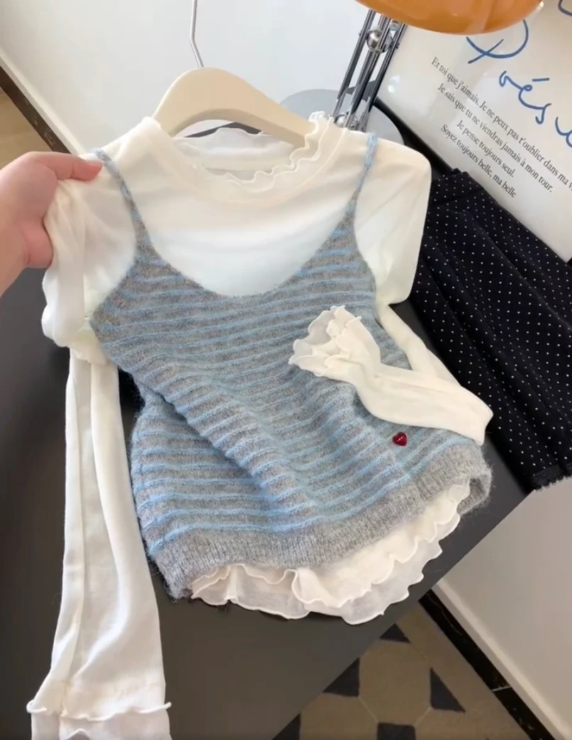 2025新款韩版条纹吊带叠穿木耳边长袖针织衫女温柔风减龄时尚上衣