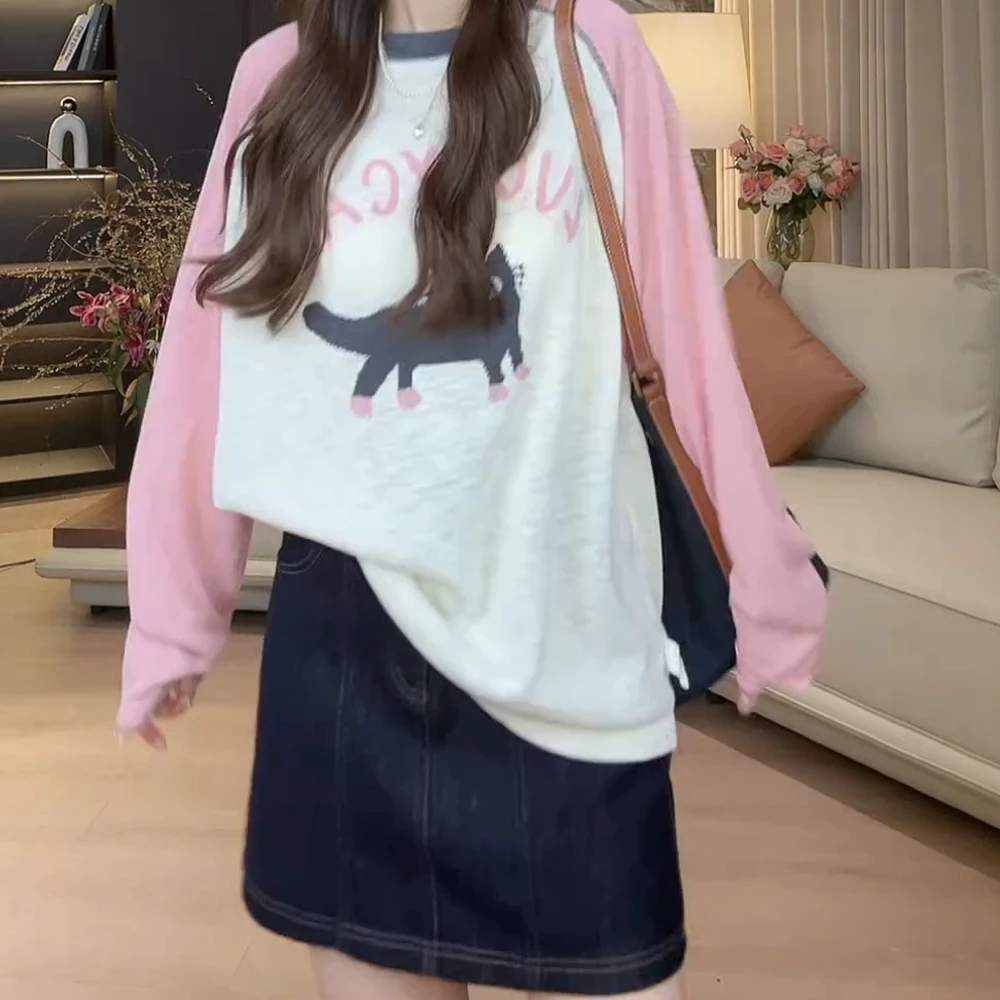 【幸运猫】春夏撞色插肩袖猫咪图案长袖防晒t恤上衣夏季