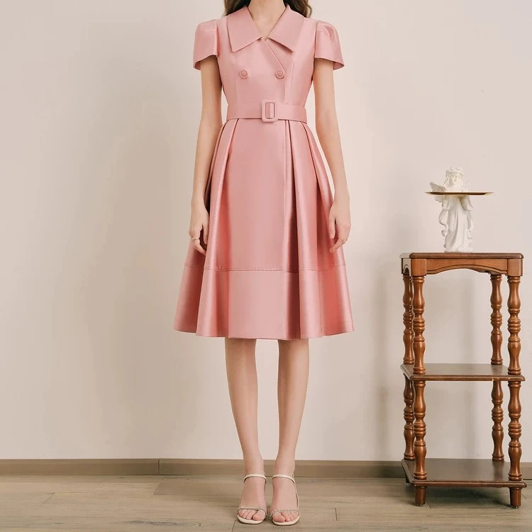【朵】豆沙粉盖袖褶摆收腰连衣裙气质显瘦长裙春夏款OL079