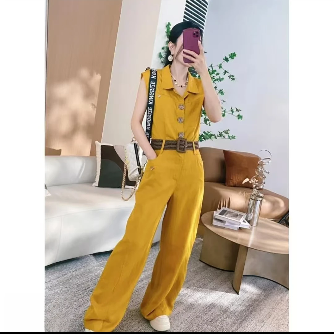 夏季新款气质小飞袖排扣显瘦连体裤+腰带10308