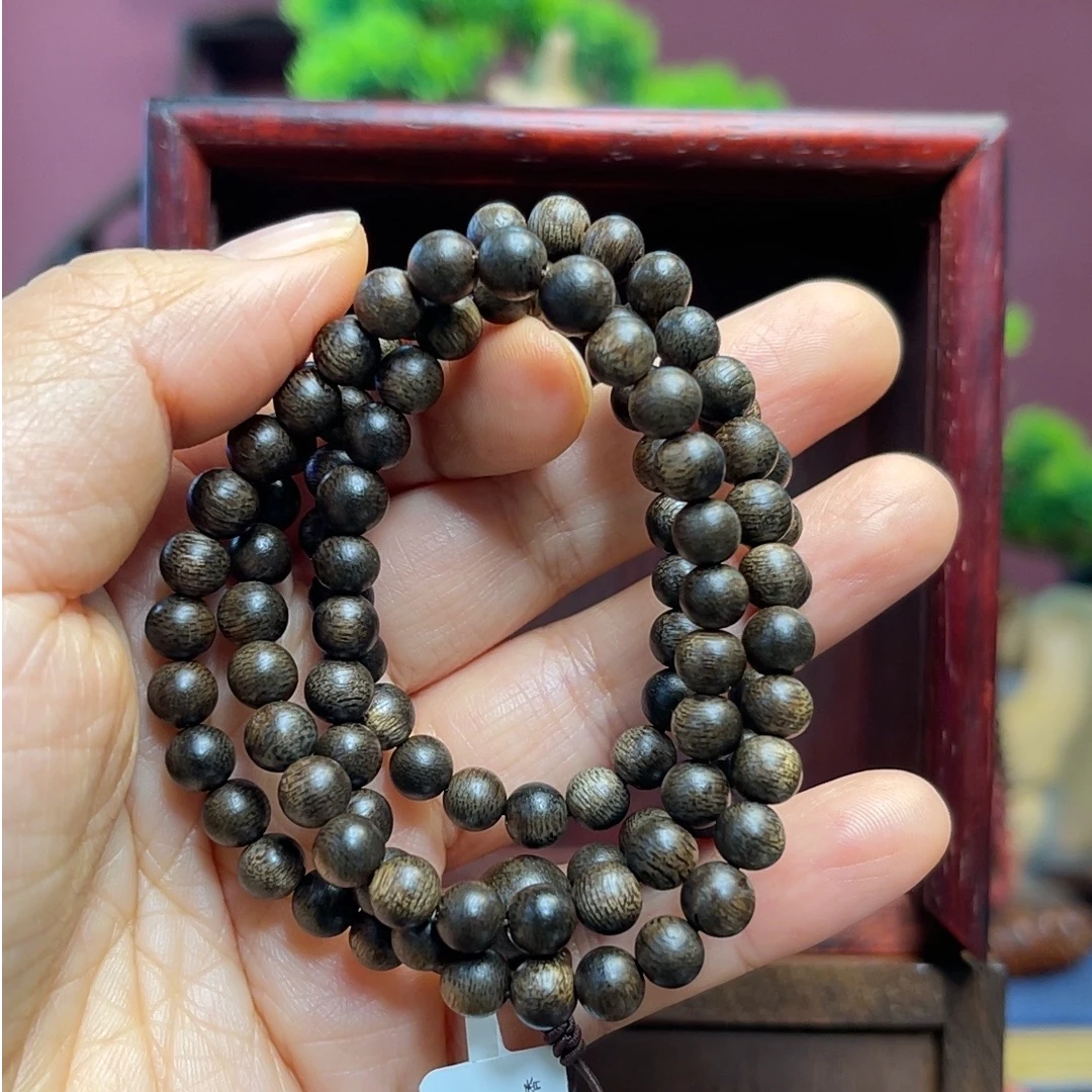 【闪购】沉香+木盒 越南芽庄紫奇楠圆珠老料长串6MM-041