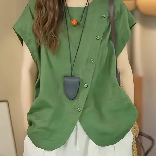 大码时尚斜襟不规则短袖衬衫女夏季胖MM显瘦百搭气质宽松休闲衬衣