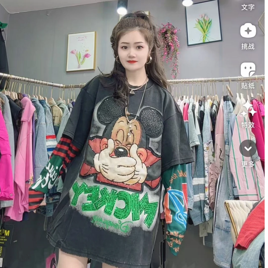 LY家6658#F.M 卡通印花条纹拼接袖圆领宽松百搭长袖T恤