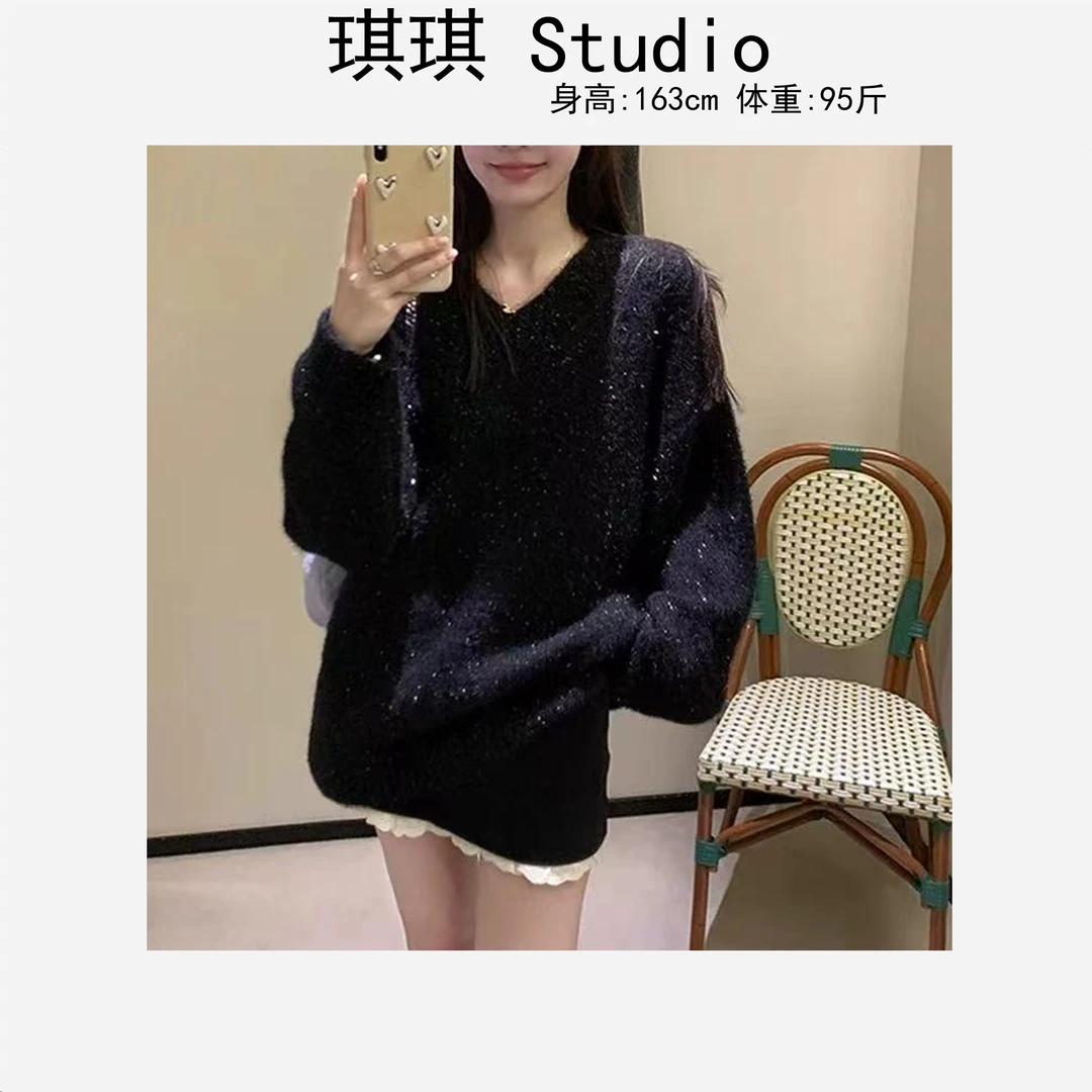 冬季新款高级感闪闪亮片v领气质时尚宽松显瘦减龄针织毛衣2371-G