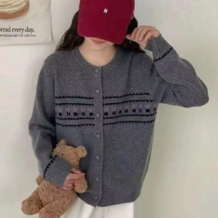 727#小香风长袖针织衫显瘦时尚百搭圆领开衫