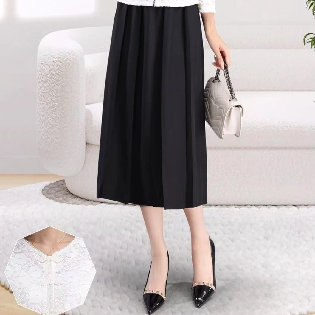 Q005黑色半身裙女2025年春季新款a字半身裙赫本黑色中长款长裙