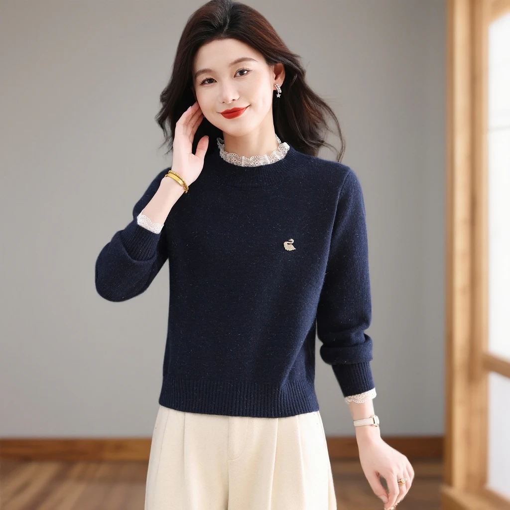 【羊毛衫】秋冬季针织打底衫女士洋气蕾丝木耳领边毛衣宽松内搭上衣