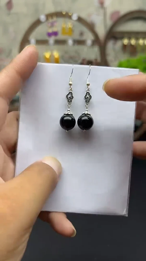 银S925镶嵌黑曜岩耳饰054