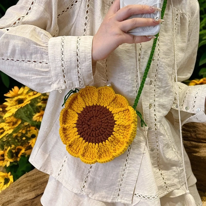 手工编织包向日葵小清新毛线钩织花朵单肩包ins斜挎包秋冬新款