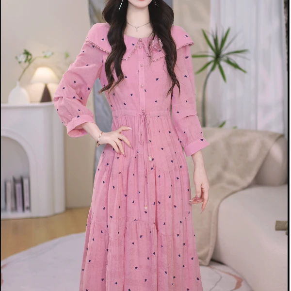 拼接松紧腰早秋东南亚风连衣裙碎花女装秋中长款