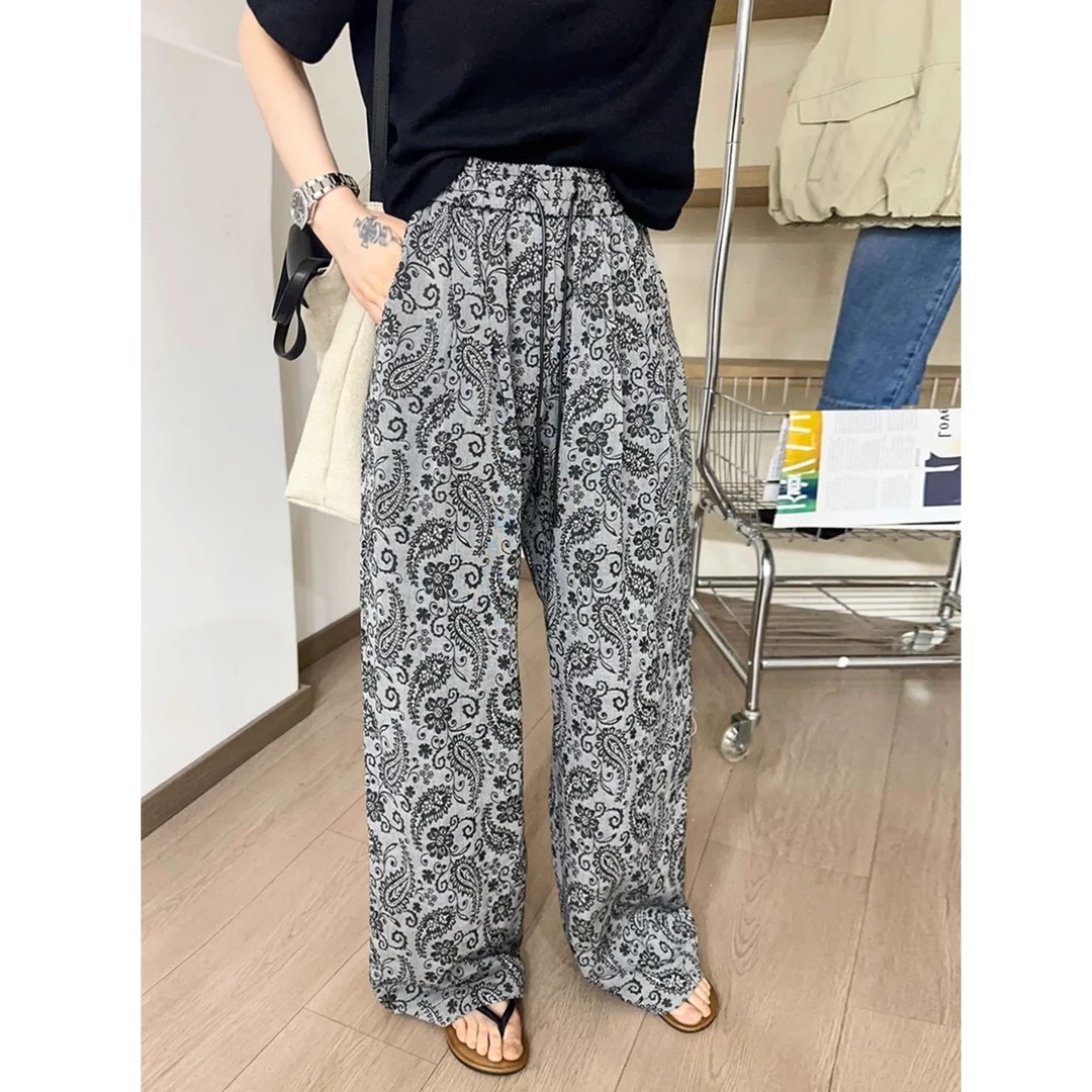 花花裤子夏季薄款印花冰丝扎染阔腿裤女宽松抽绳休闲裤垂感凉凉裤
