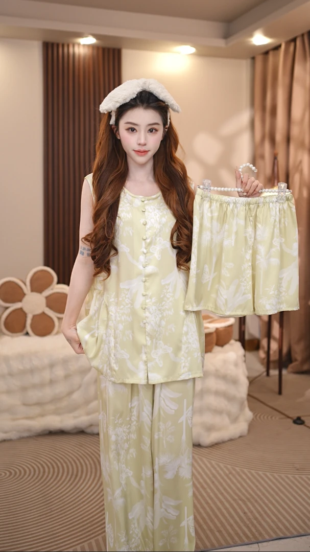 【青雨竹】夏季新款圆领新中式印花无袖女款睡衣碎花薄款家居