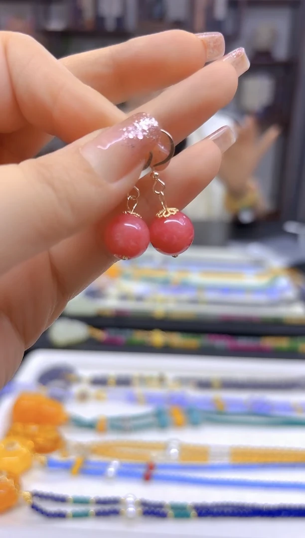 菱锰矿（红纹石）14K金镶嵌耳坠DIY款E794