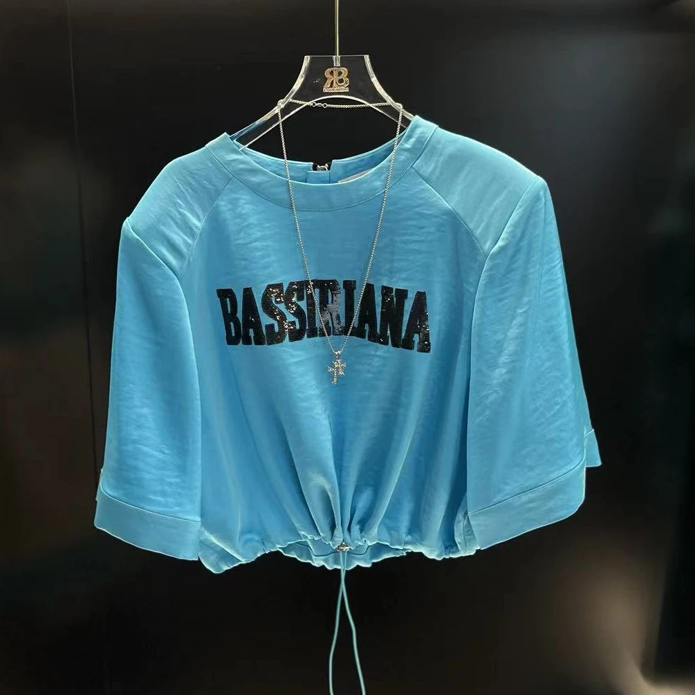 【BASSIRIANA】设计师款高级休闲松紧短袖套头女士时尚上衣210503