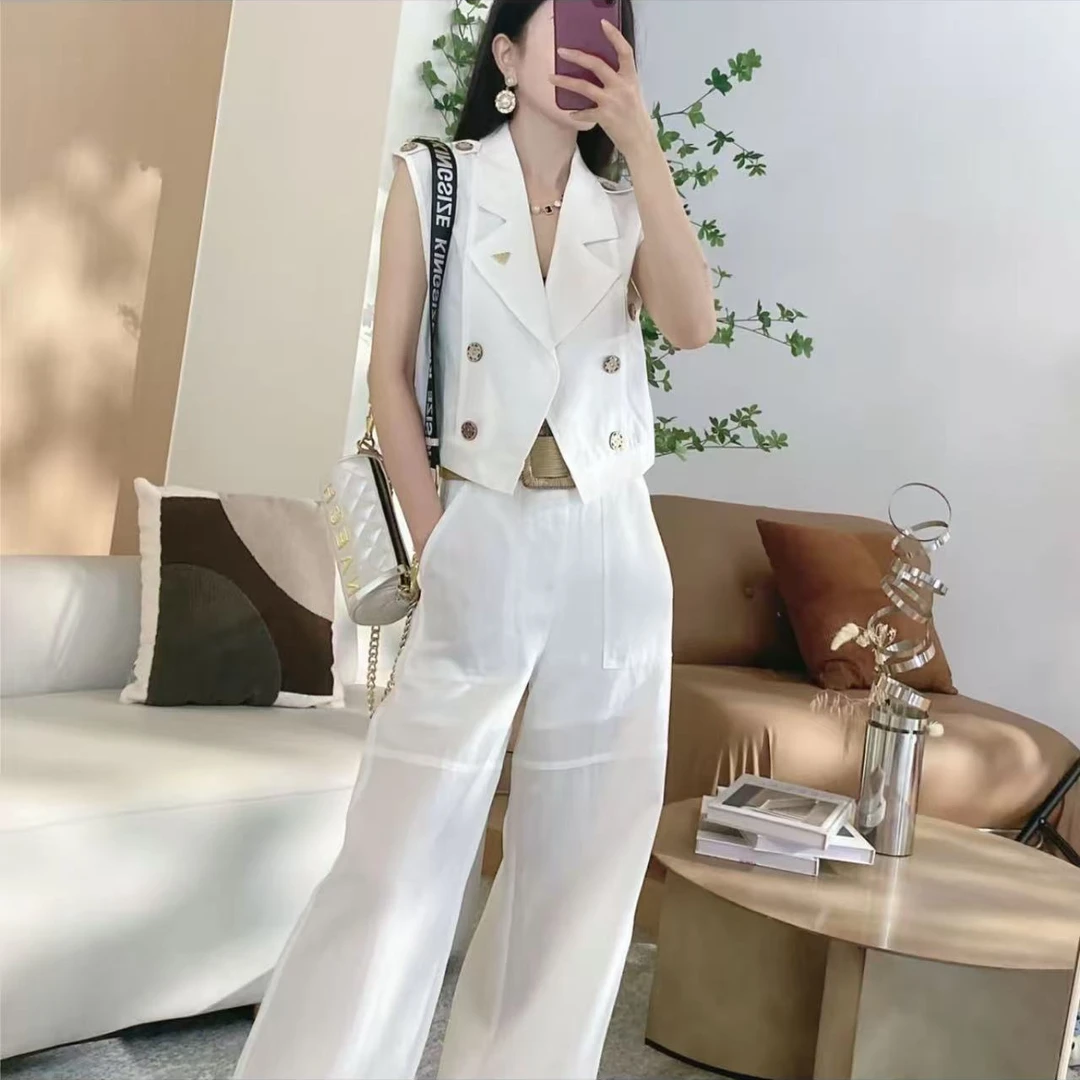 腰带双排扣马甲上衣+阔腿裤两件套气质时尚套装CC058#