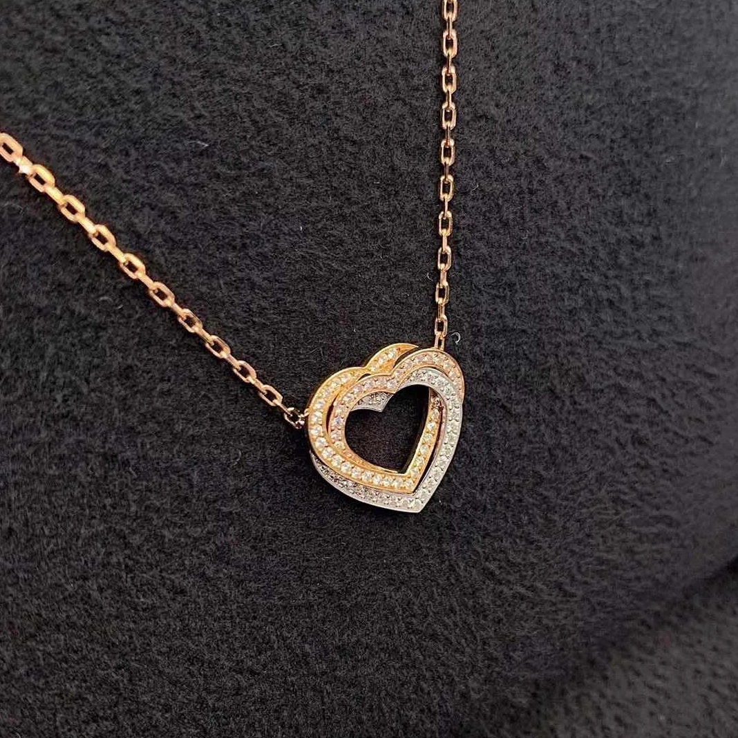 99新 Cartier/卡地亚 小花柳 Trinity 三色金满钻爱心项链