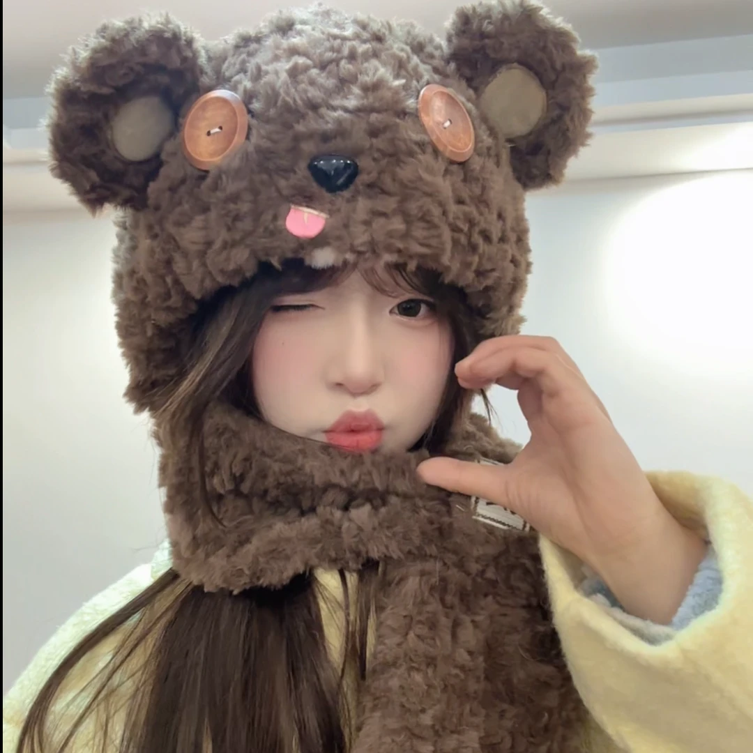 纽扣小熊耳朵帽子围巾一体女秋冬季毛绒加厚防寒保暖护耳网红百搭